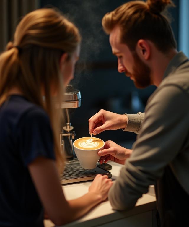 Un istruttore che insegna a un allievo le tecniche di latte art durante un corso di formazione.