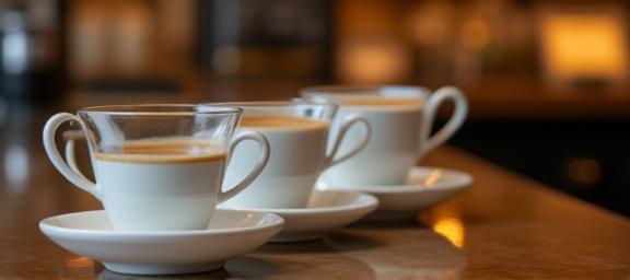 Tazzine di caffè appena preparato in un bar elegante, pronte per essere servite.